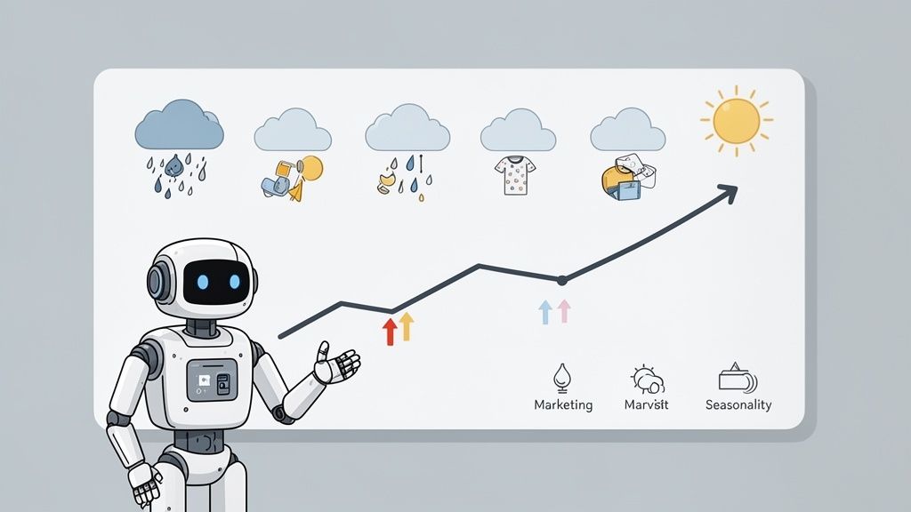 A friendly robot presents a rising trend chart with icons for weather, products, marketing, and seasonality.