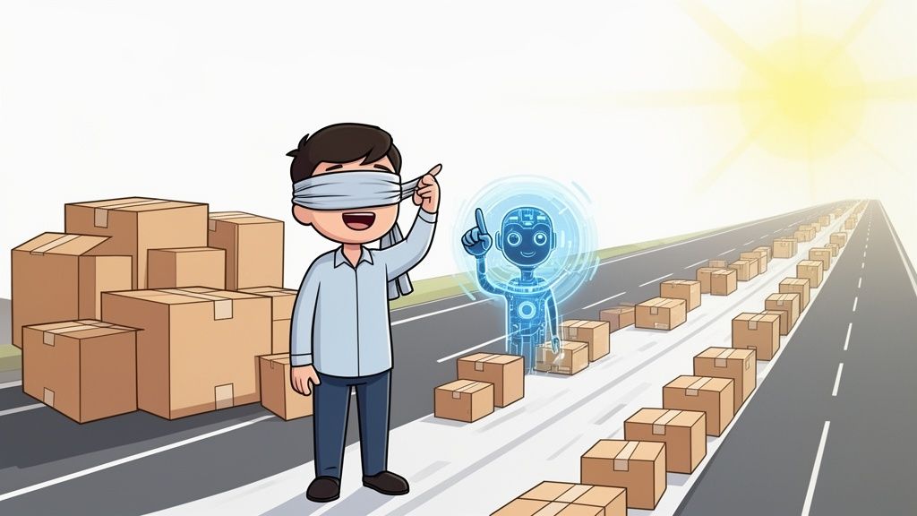 A blindfolded man is guided by a glowing AI robot on a path full of cardboard boxes.