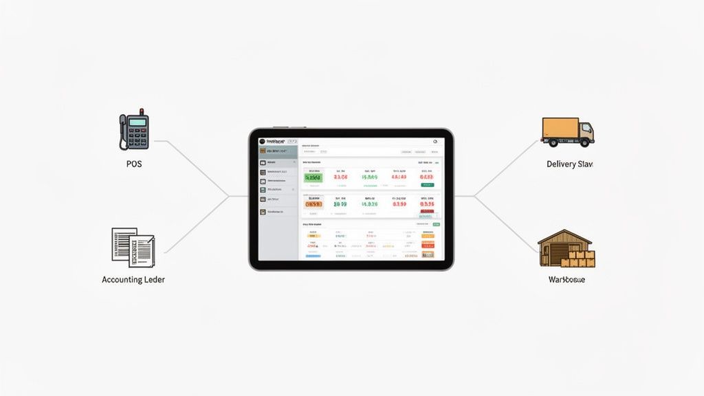 A diagram showing a tablet application integrating POS, accounting, delivery, and warehouse operations.