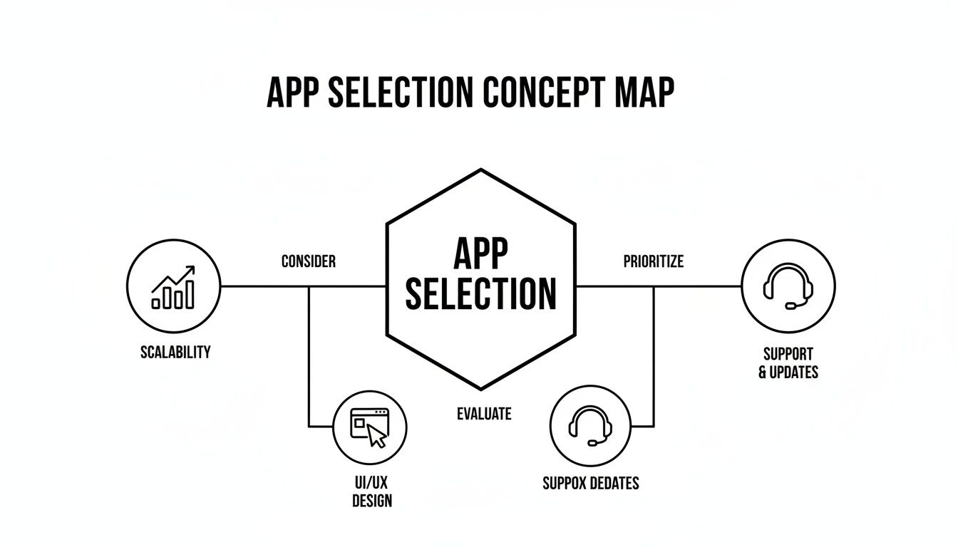 A concept map outlining app selection criteria including scalability, UI/UX design, support, and suppox dedates.
