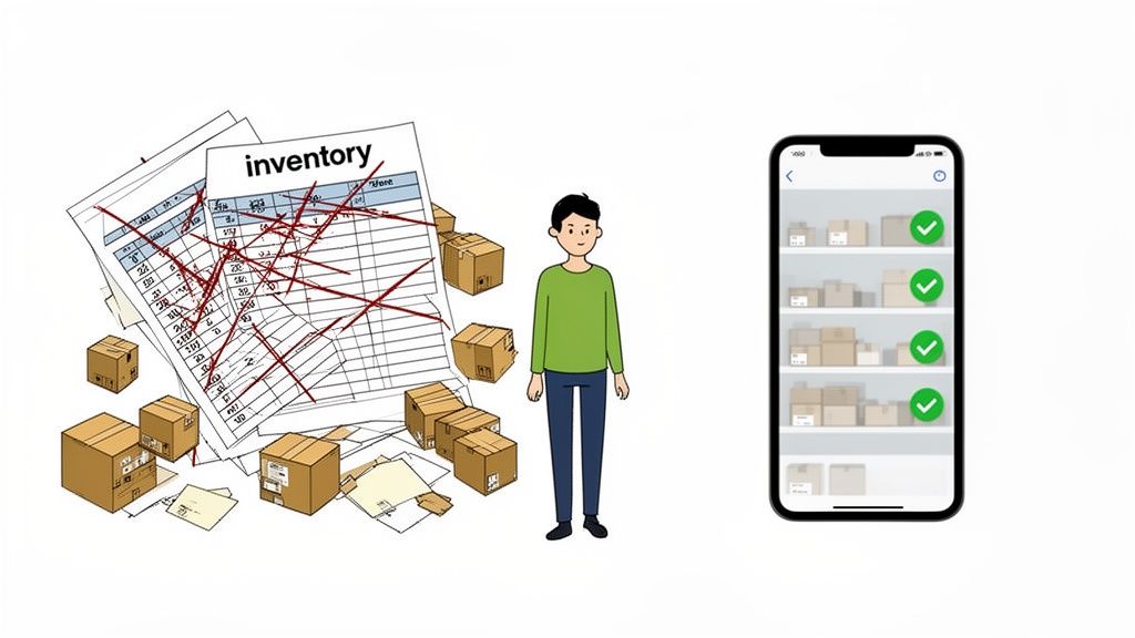 A person stands between chaotic paper inventory with boxes and an organized digital inventory tracking app on a smartphone.