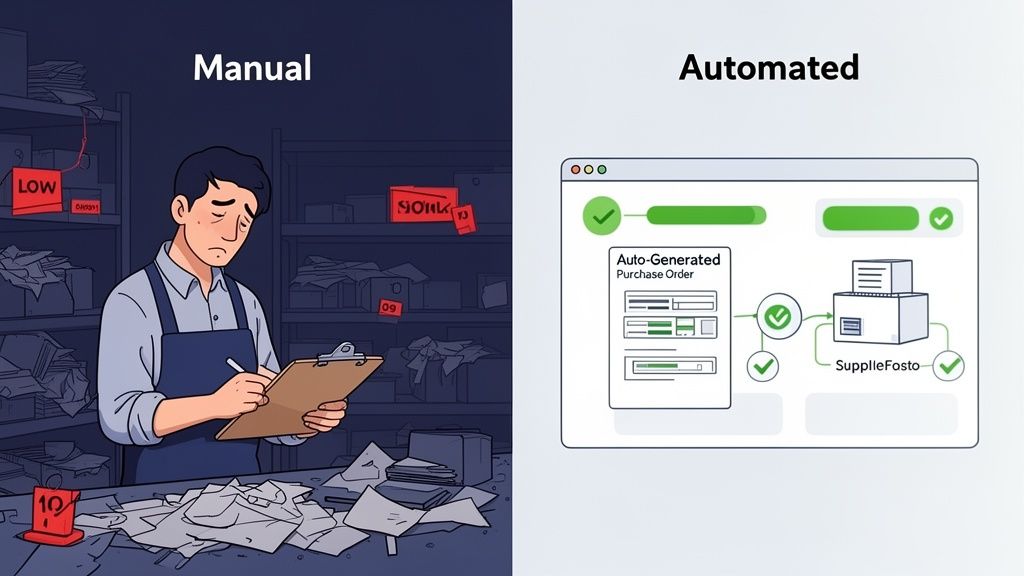 Side-by-side image contrasting a stressed worker doing manual inventory with an efficient automated purchase order system.