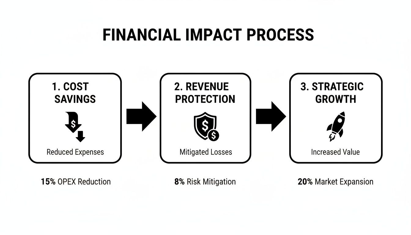 Financial impact process flowchart showing cost savings, revenue protection, and strategic growth steps.