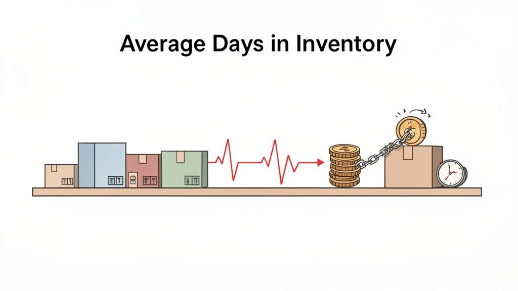Illustration showing boxes transforming into coins over time, representing average days in inventory.