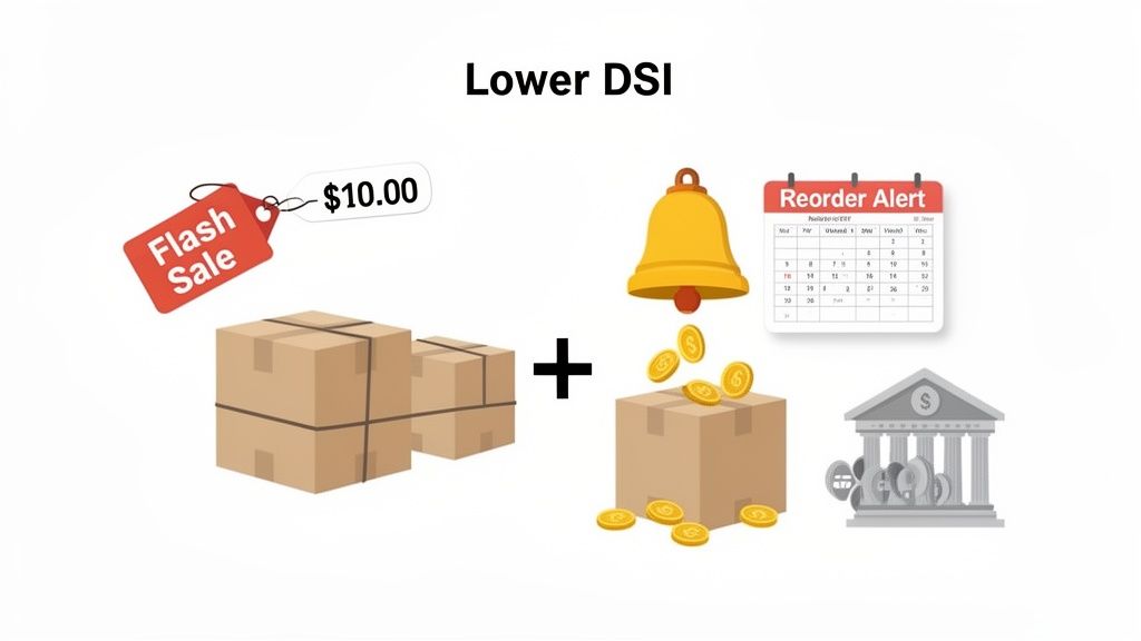 An infographic illustrating how to lower DSI with a flash sale, inventory, reorder alert, and bank.