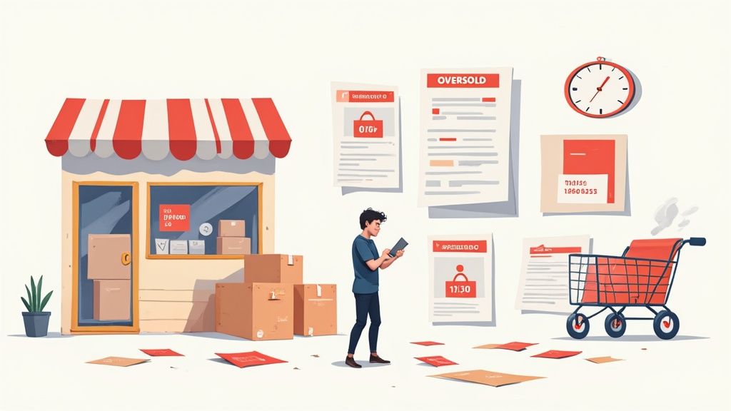 An illustration of a small shop, a person with a tablet, boxes, and documents showing 'oversold' details, depicting inventory management.