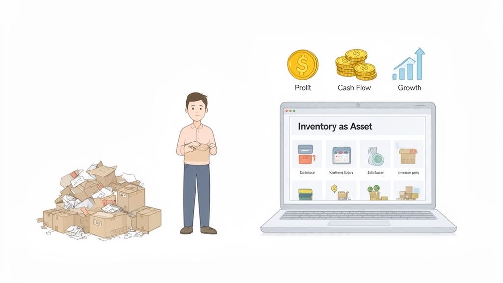 A man uses a laptop to transform a pile of messy boxes into organized digital inventory, leading to profit, cash flow, and growth.