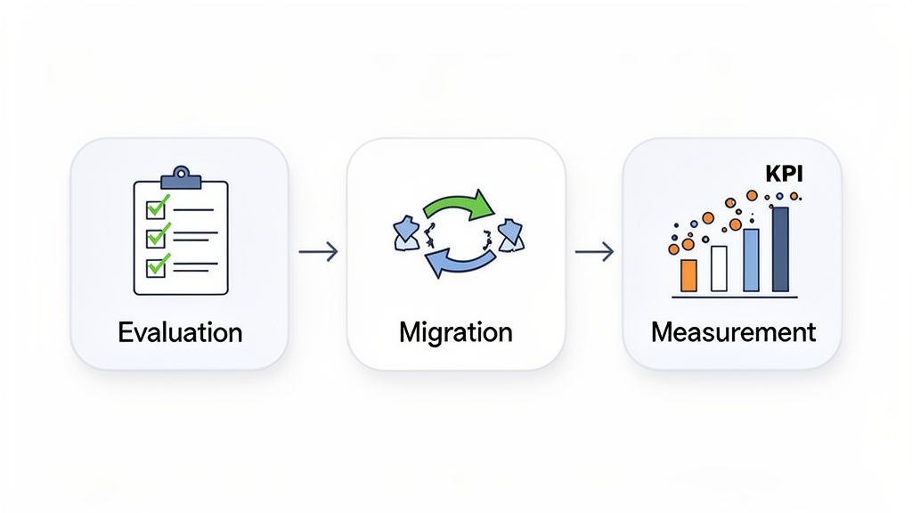 A three-step process diagram showing evaluation with a checklist, migration with arrows, and KPI measurement with a bar chart.