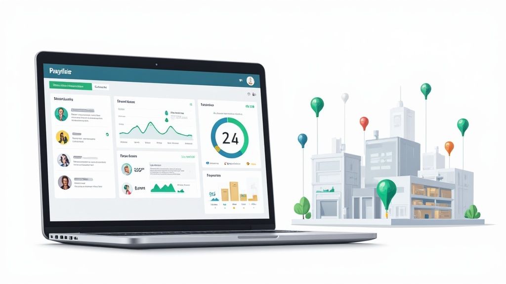 A laptop displays a digital dashboard with data visualizations and profiles, next to a stylized city with balloons.