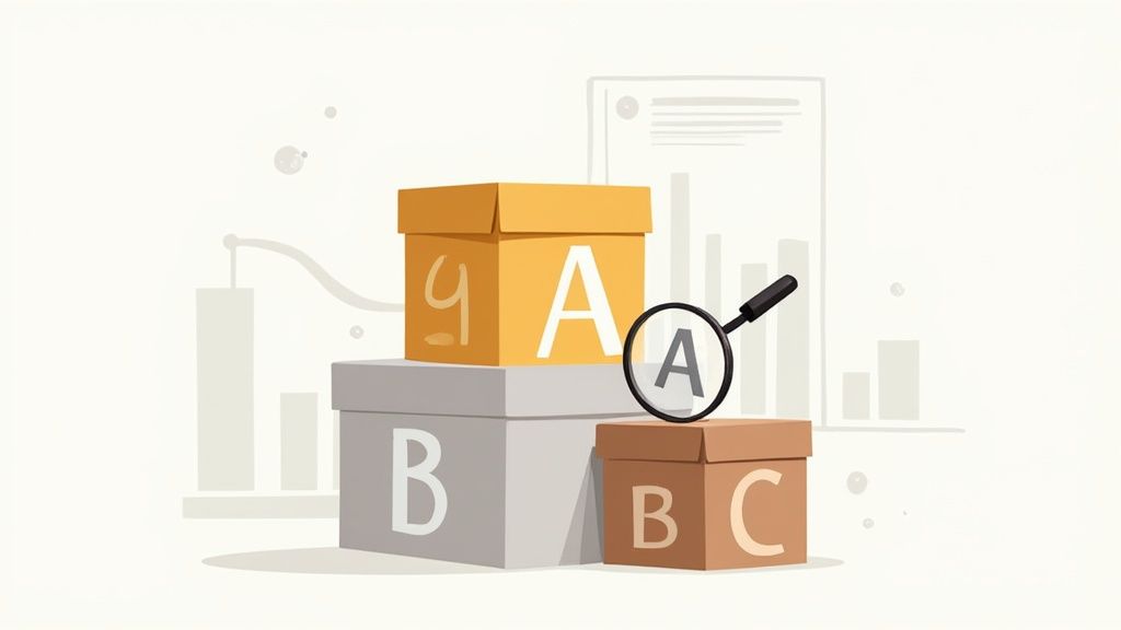 Three labeled boxes, A, B, and C, with a magnifying glass inspecting box A, representing inventory or data organization.