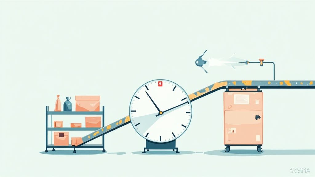 An illustration of a logistics setup with a conveyor belt, large clock, and inventory storage.