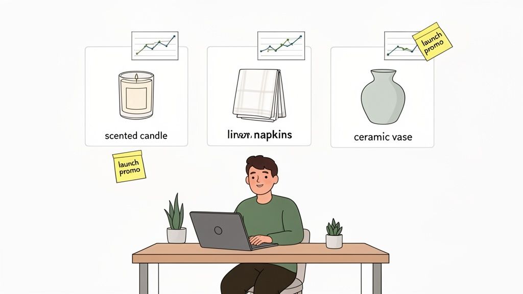 Illustration of a person using a laptop, forecasting sales for household products like candles, napkins, and vases.