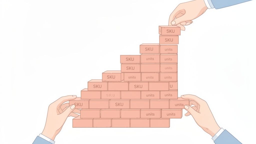 Hands building a pyramid of 'SKU' and 'units' blocks, representing a bottom-up inventory approach.