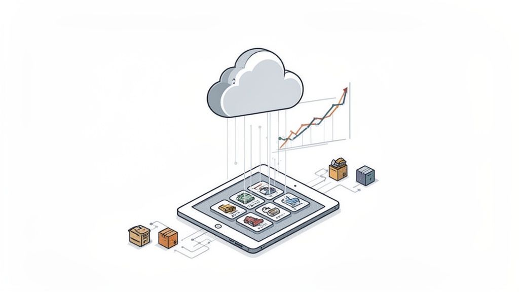 A cloud delivering data to a tablet showing inventory items, connected to boxes and a growth chart.
