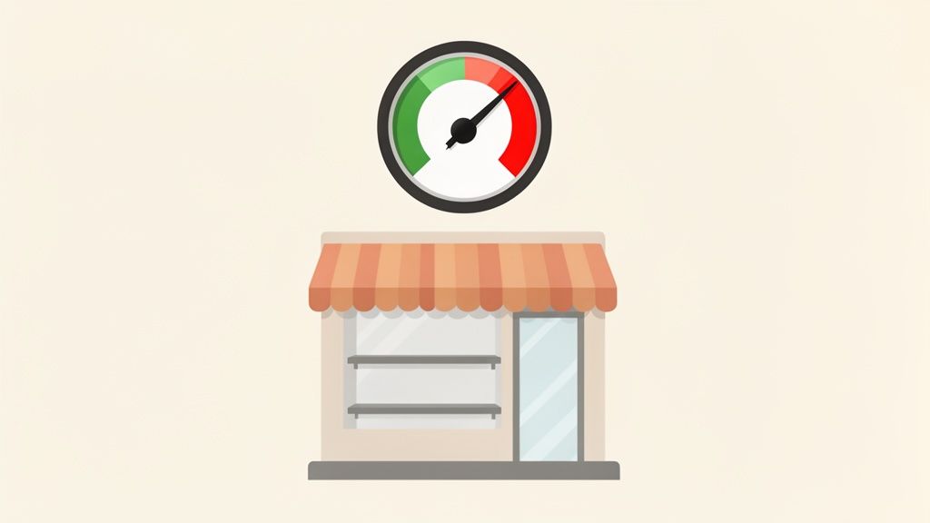 A cartoon storefront with empty shelves and a red gauge indicating low stock levels.