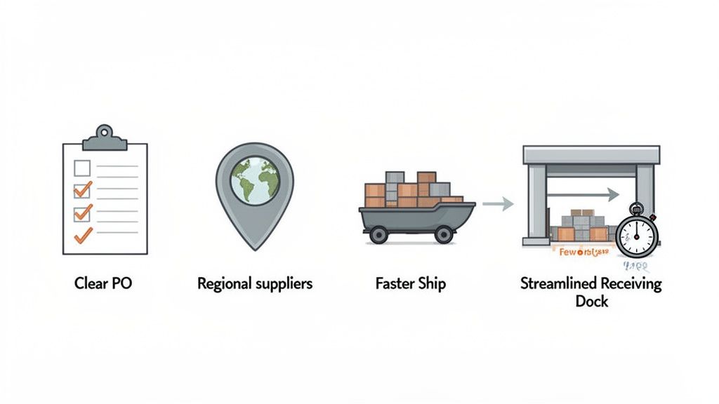 Illustration of a streamlined supply chain process with clear POs, regional suppliers, faster shipping, and efficient receiving.