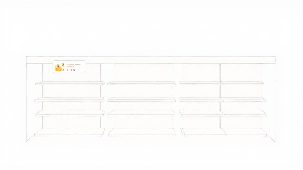 A minimalist sketch of empty store shelves with a small digital display on the top left unit.