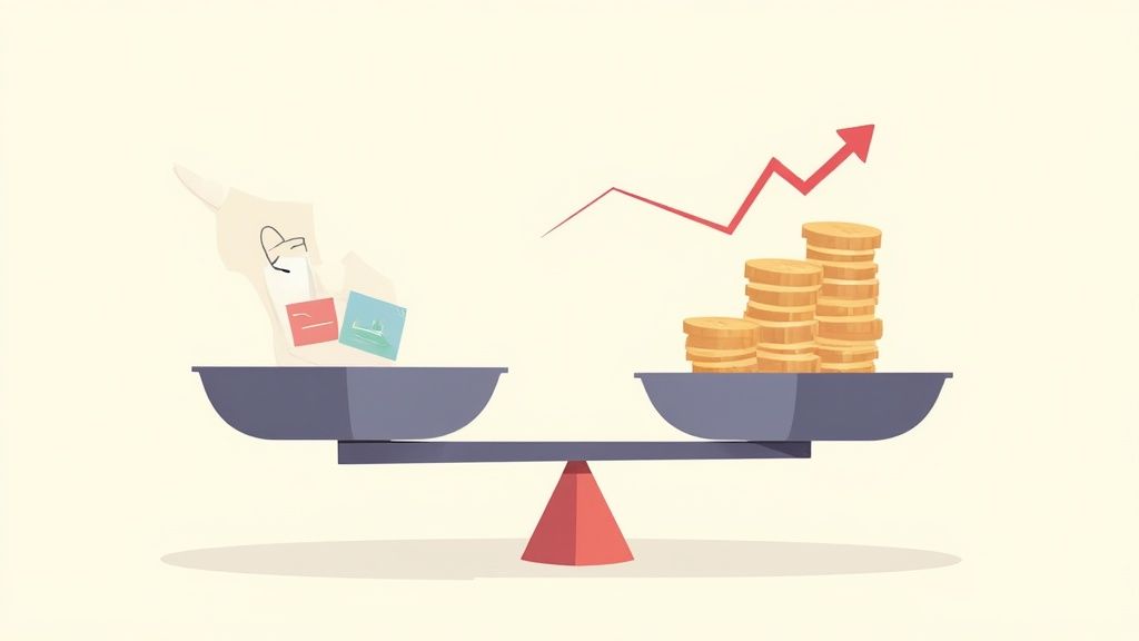 A weighing scale balances small cards against stacks of money with an upward trending graph.