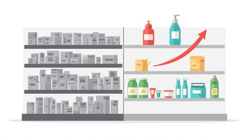 Shelves comparing dull, generic products to colorful, growing product displays with an upward arrow.