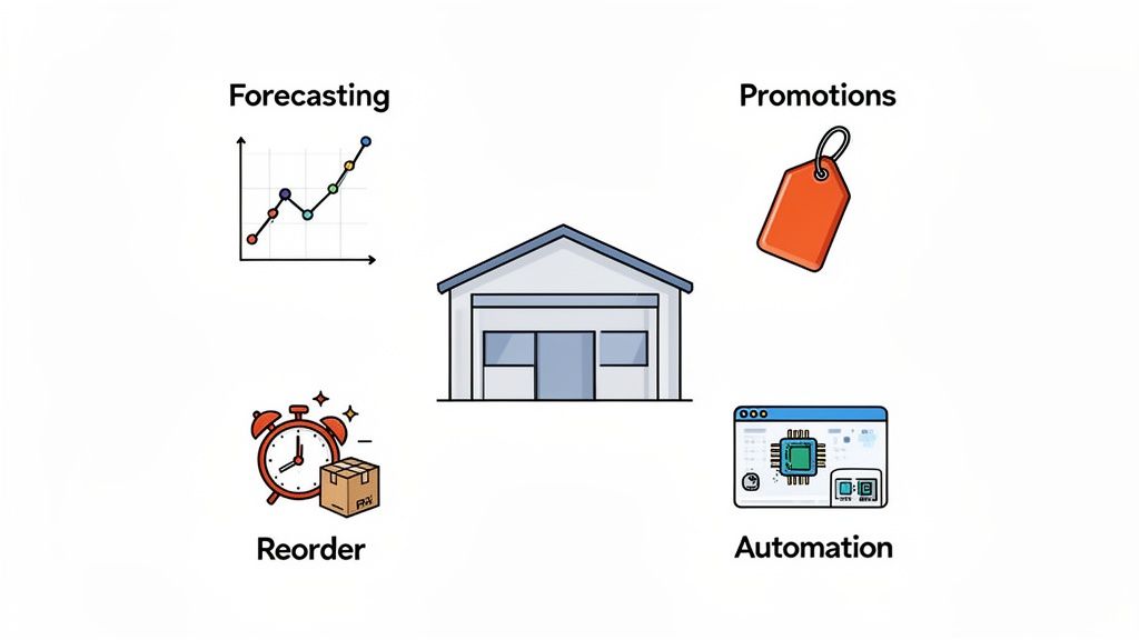 An illustration of a warehouse surrounded by icons representing forecasting, promotions, reordering, and automation.