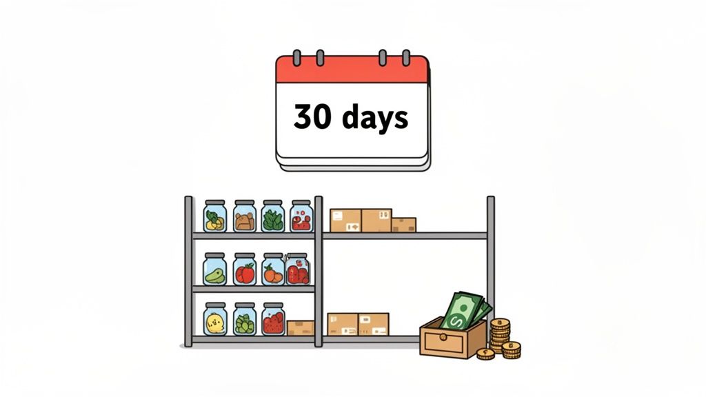 A calendar showing '30 days' above shelves stocked with jars of food, boxes, and a box of money.
