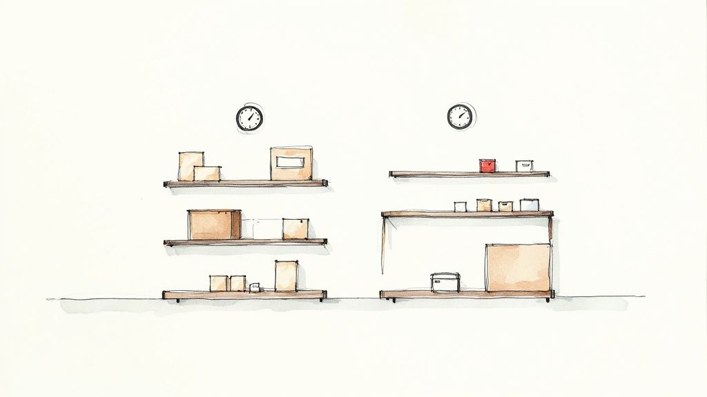 Minimalist watercolor illustration of shelves stocked with boxes and two clocks on a white wall.