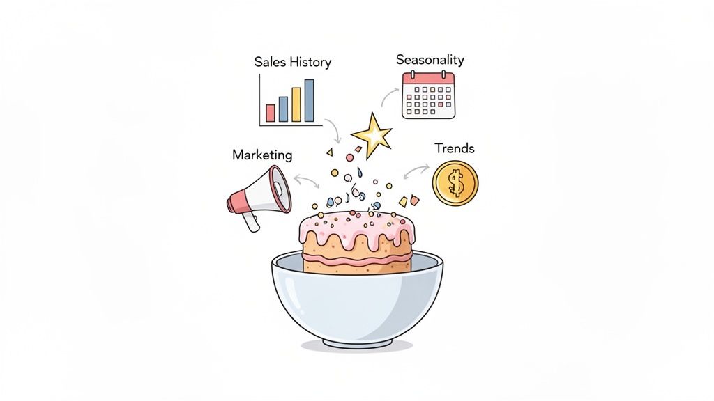 An illustration depicting sales history, seasonality, marketing, and trends as ingredients for a cake, representing factors influencing a forecast.