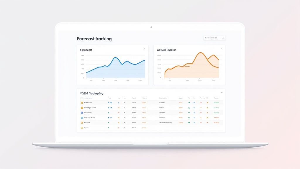 A laptop screen displays a clean dashboard showing forecast tracking charts and detailed data.