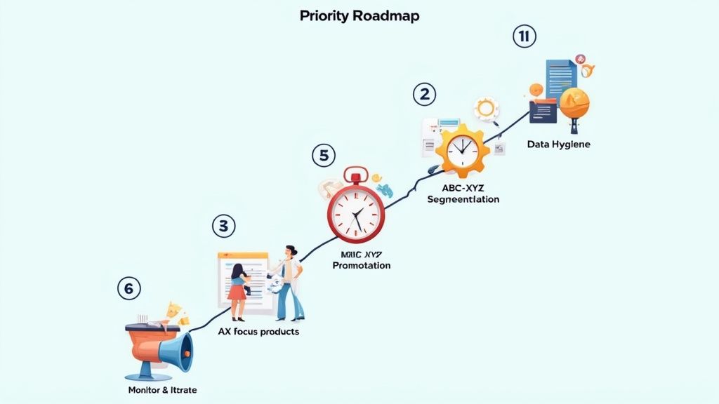 Illustrated priority roadmap with five steps: monitoring, product focus, promotion, segmentation, and data hygiene.