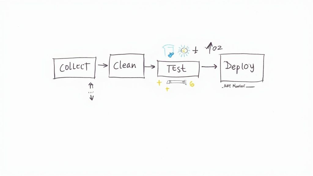 Hand-drawn diagram showing data pipeline workflow from collect, clean, test to deploy stages with icons