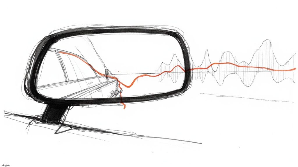 Car side mirror reflection showing road with overlaid data waveforms illustrating predictive analytics concept