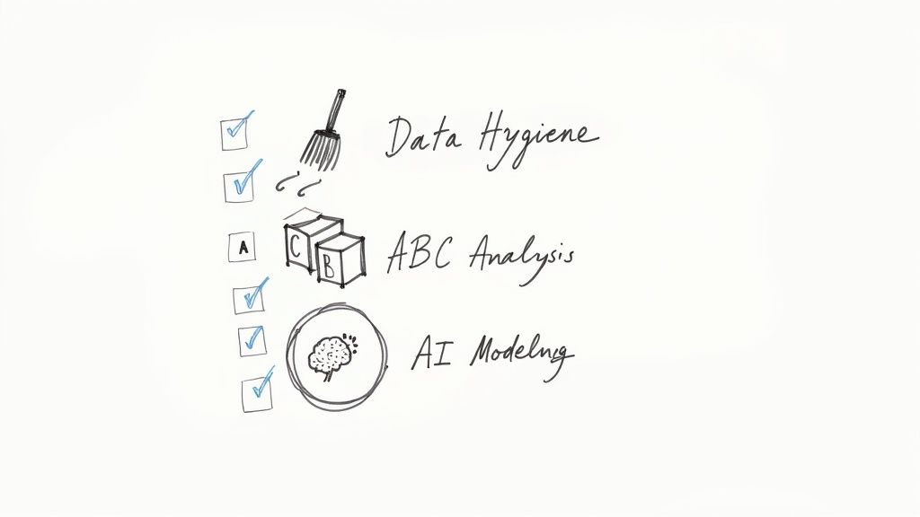 Three stages of data science workflow: data hygiene with cleaning, ABC analysis with blocks, and AI modeling with brain icon