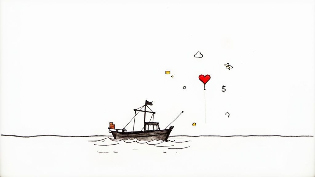 Fishing boat on ocean with heart balloon and floating symbols representing love and prosperity