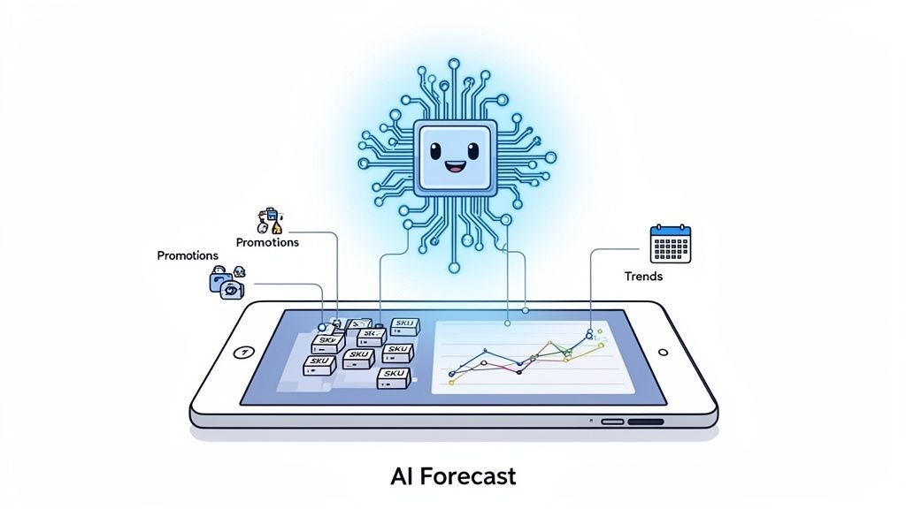 AI chip forecasts product demand by analyzing promotions, SKUs, and market trends on a tablet.