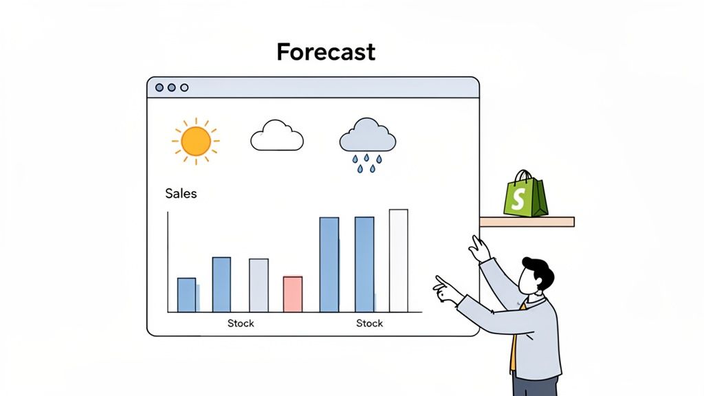 Illustration of a person analyzing a sales forecast chart with weather icons and stock levels.