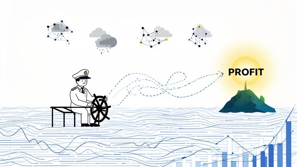 A captain steering a ship through data waves towards a profit island under changing skies.