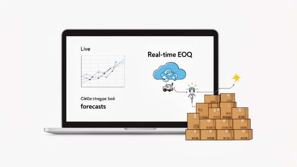 A laptop displays live forecasts and real-time EOQ optimization with a robot managing inventory boxes.