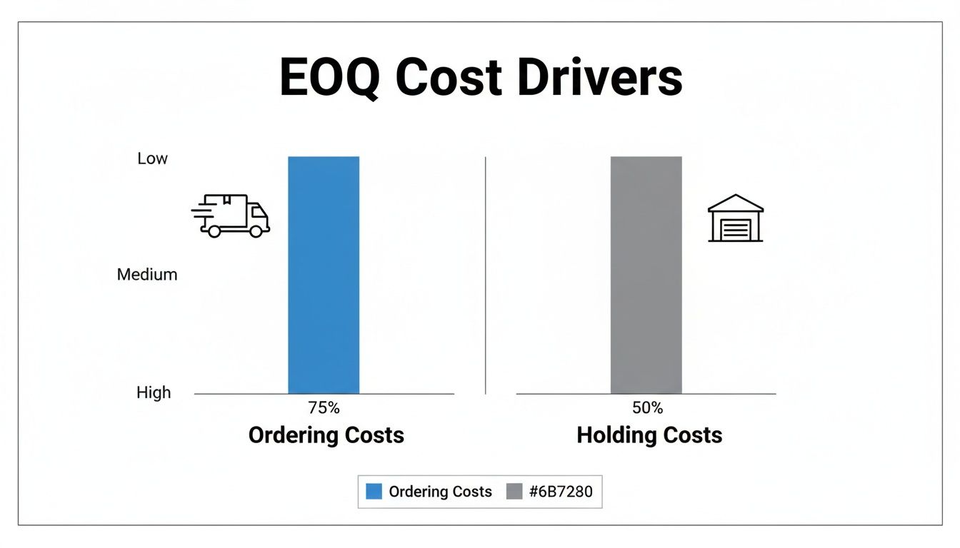 A bar chart illustrates EOQ cost drivers, with ordering costs at 75% and holding costs at 50%.