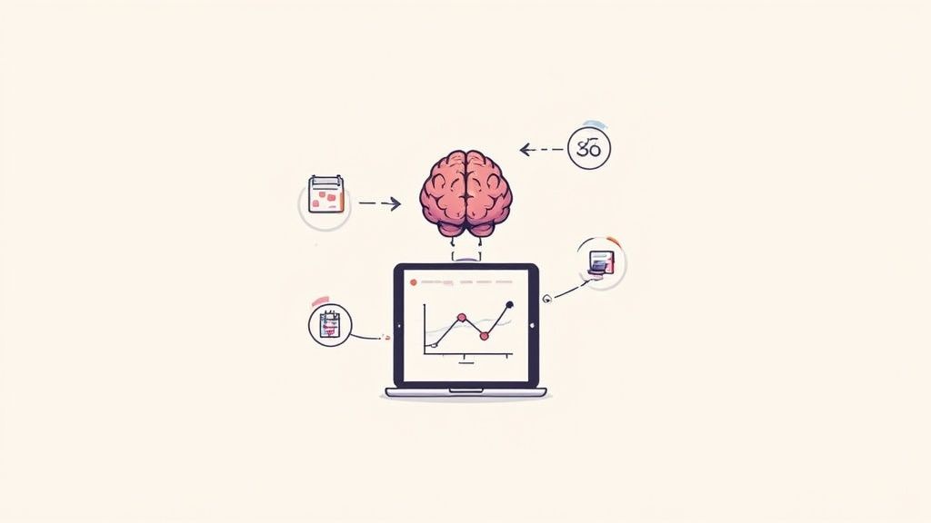 An illustration of a brain analyzing data, connected to a laptop displaying a trend graph.