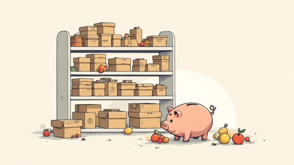 A piggy bank observes a large shelf unit overflowing with numerous cardboard boxes and scattered fruits.