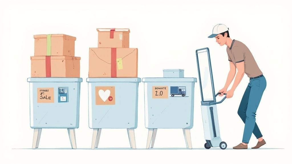 Illustration of a man with a hand truck next to bins with stacked boxes marked for sale, storage, and donation.