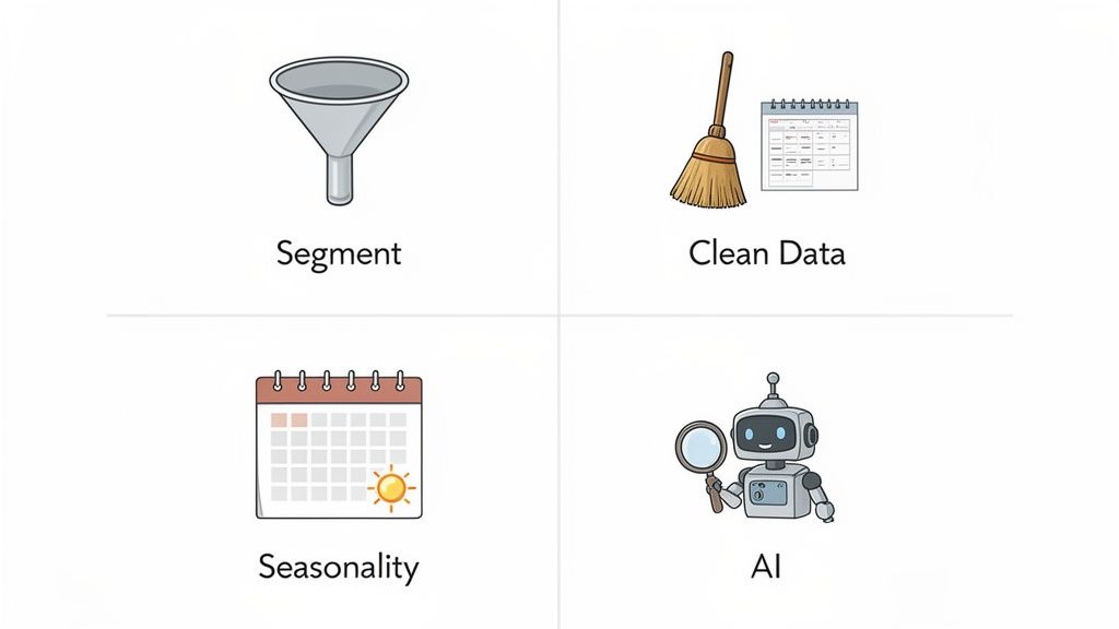 Four icons depicting data analysis concepts: Segment, Clean Data, Seasonality, and AI.