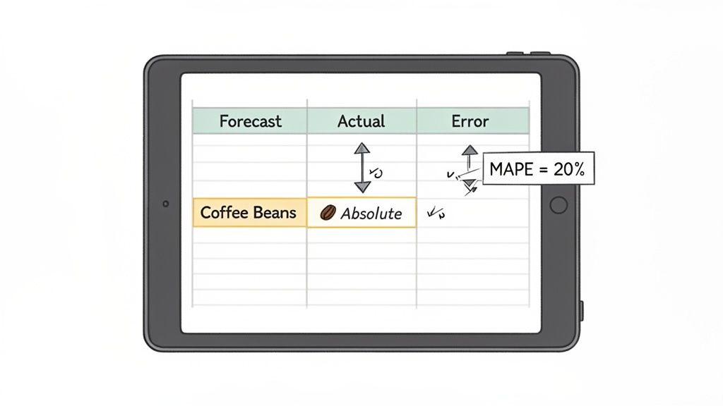 A tablet displays a spreadsheet showing forecast, actual, and error data for coffee beans, with MAPE = 20%.