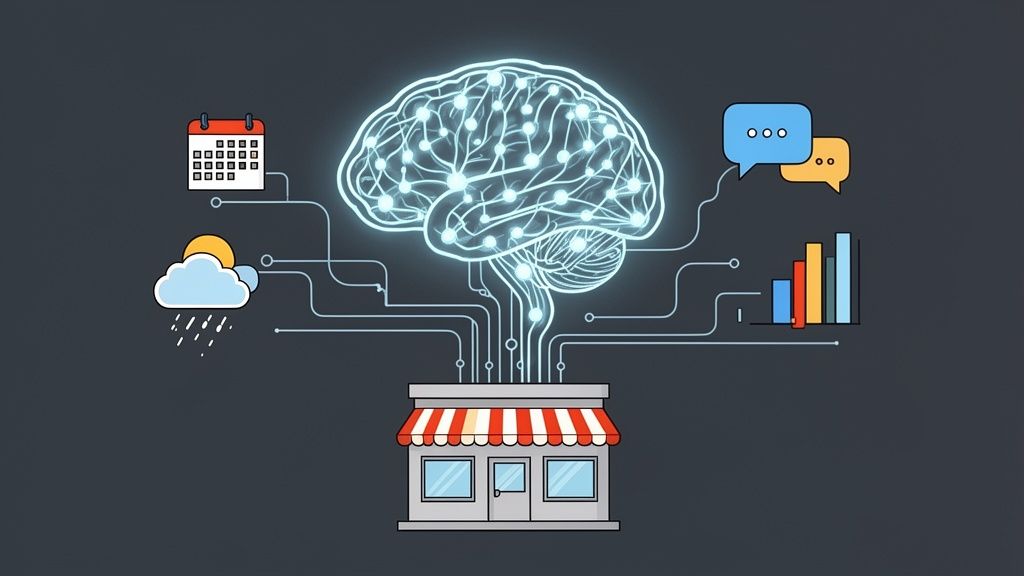 A glowing AI brain processes data from calendar, weather, chat, and graphs to optimize a storefront.
