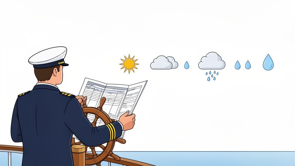A ship captain in uniform reviews documents at the helm while weather icons show sun, clouds, and rain.