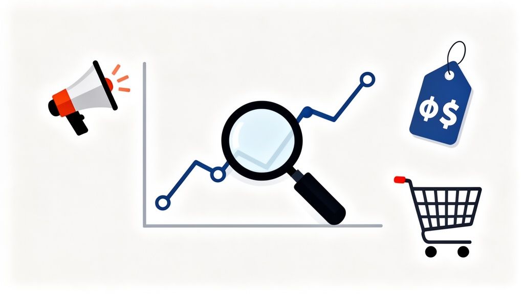 A megaphone, a magnifying glass on a rising graph, a price tag, and a shopping cart symbolize sales forecasting.