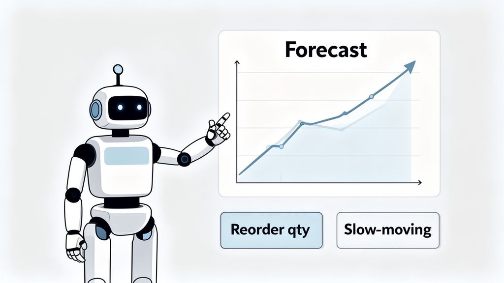 A robot points to a sales forecast chart with an upward trend, showing 'Reorder qty' and 'Slow-moving' buttons.