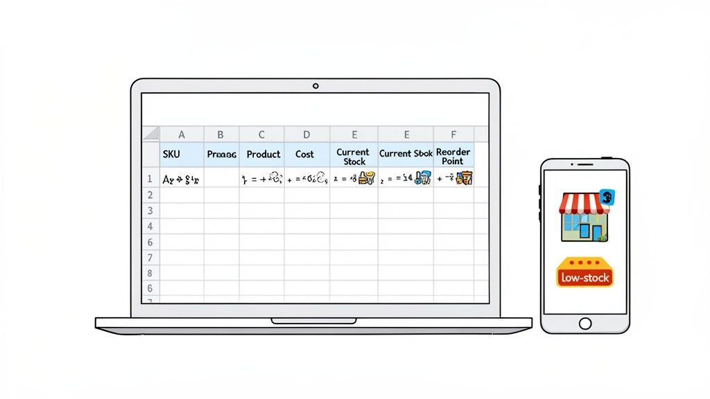 Digital inventory management system with a spreadsheet on a laptop and a low-stock notification on a smartphone.