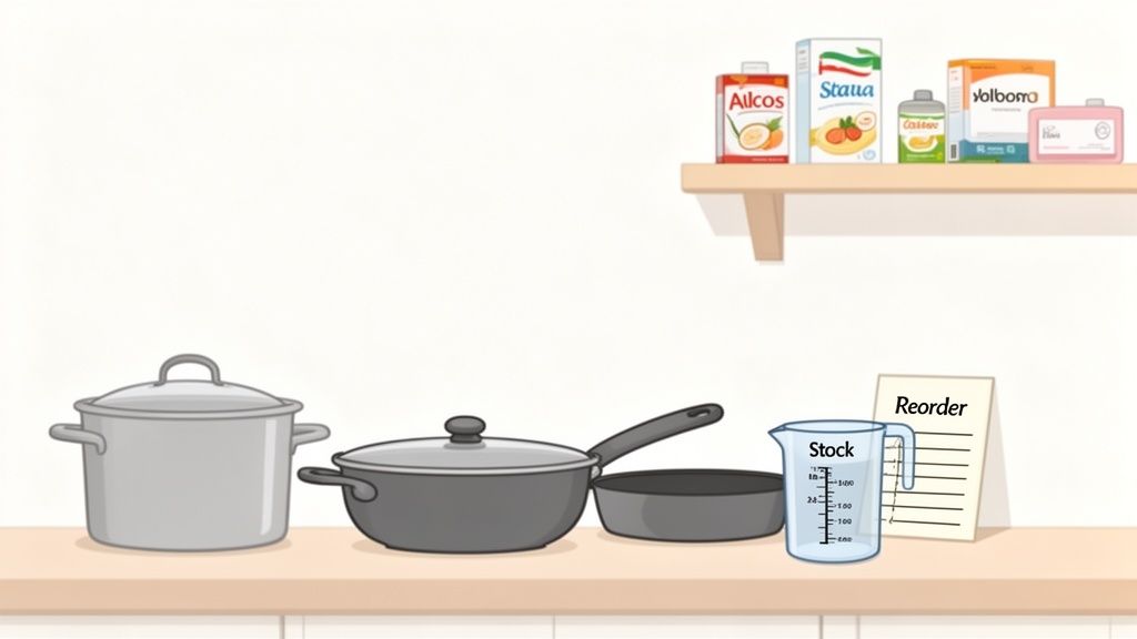 A kitchen counter with cooking pots, a 'Stock' measuring cup, 'Reorder' list, and food items on a shelf.
