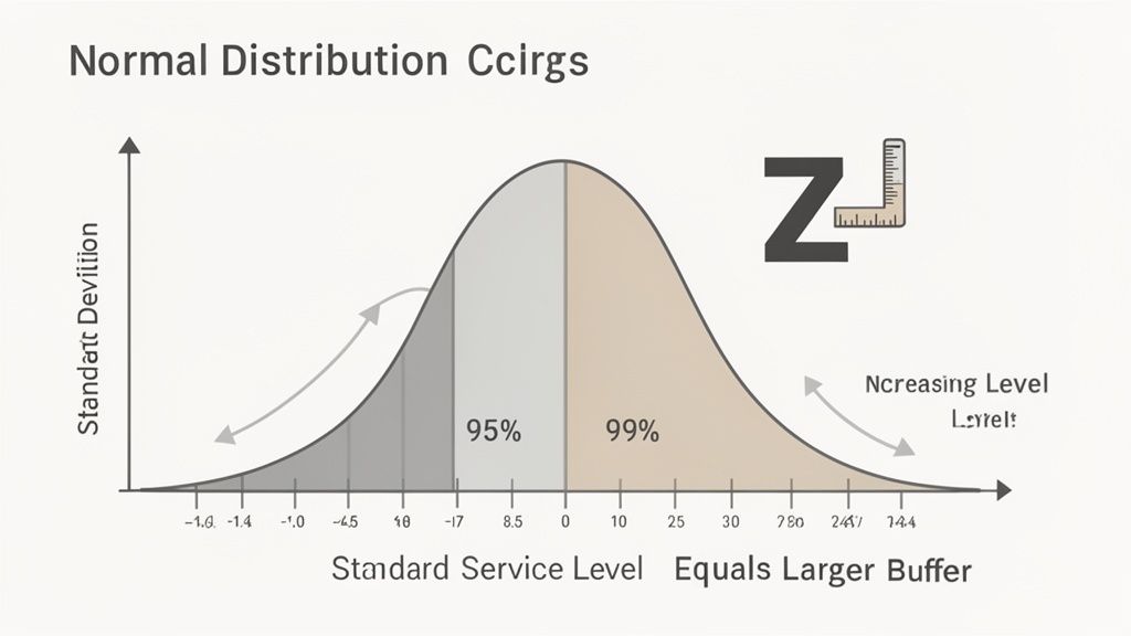 Normal distribution curve illustrating standard service levels, deviation, and buffer calculation with Z-score.